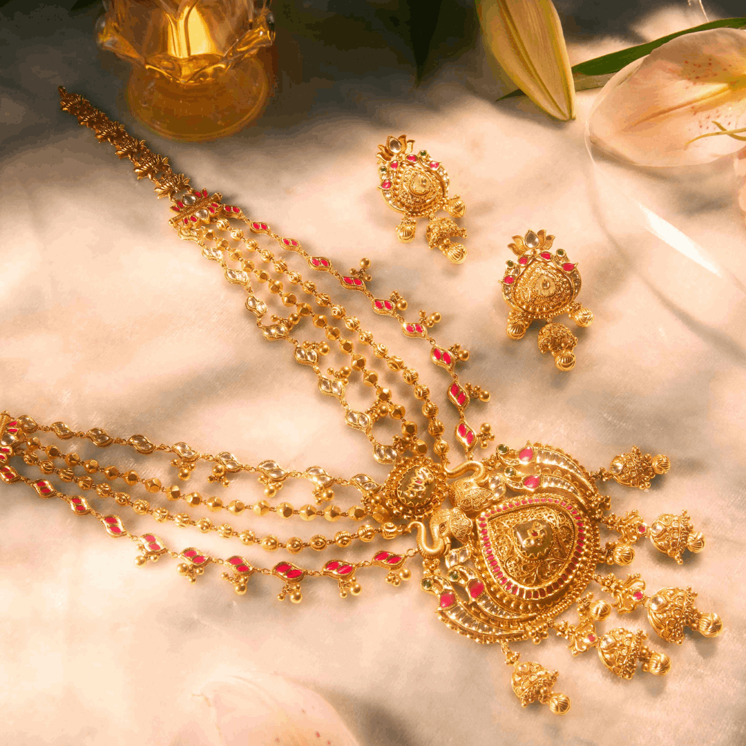 Ratnaprabha Gold Antique Necklace Set Long