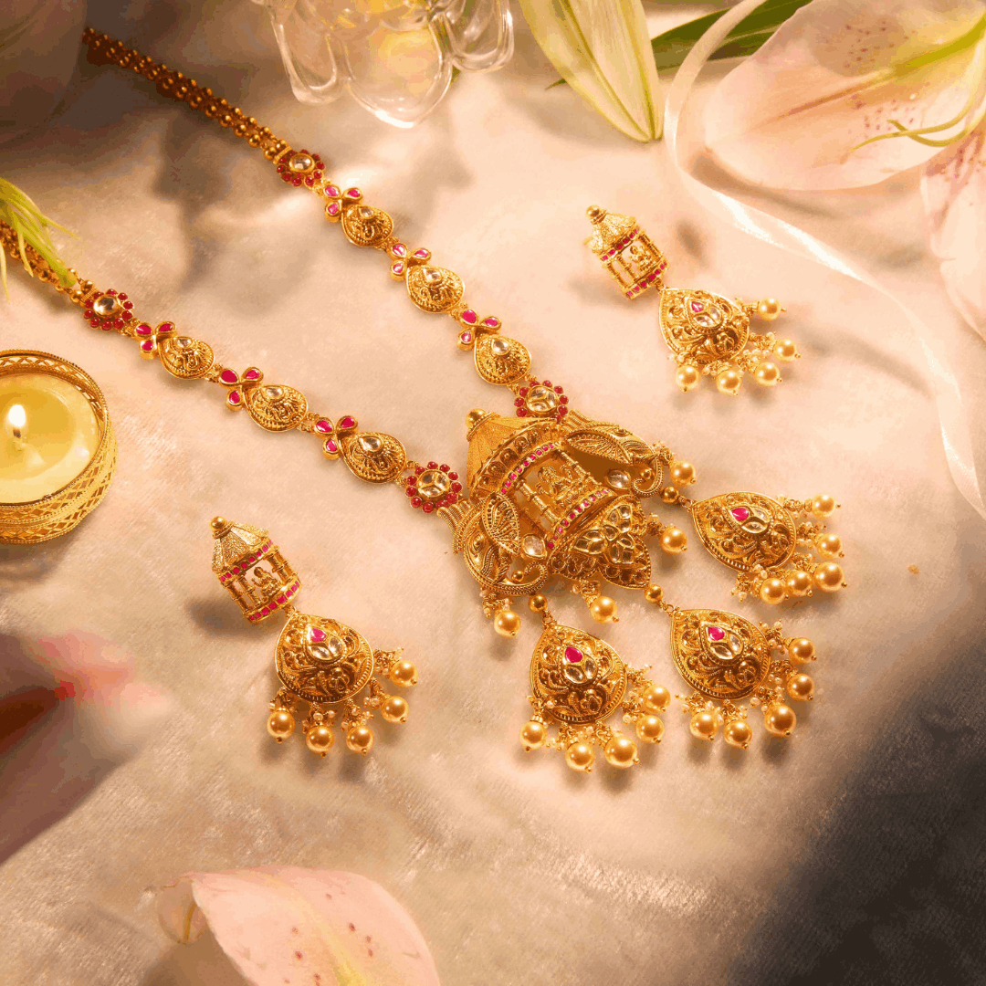 Ratnavali Gold Antique Necklace Set Long