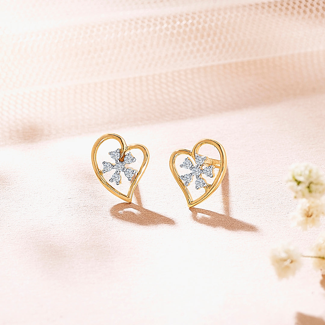 Heart Yellow Gold & Diamond Stud Earring For Women