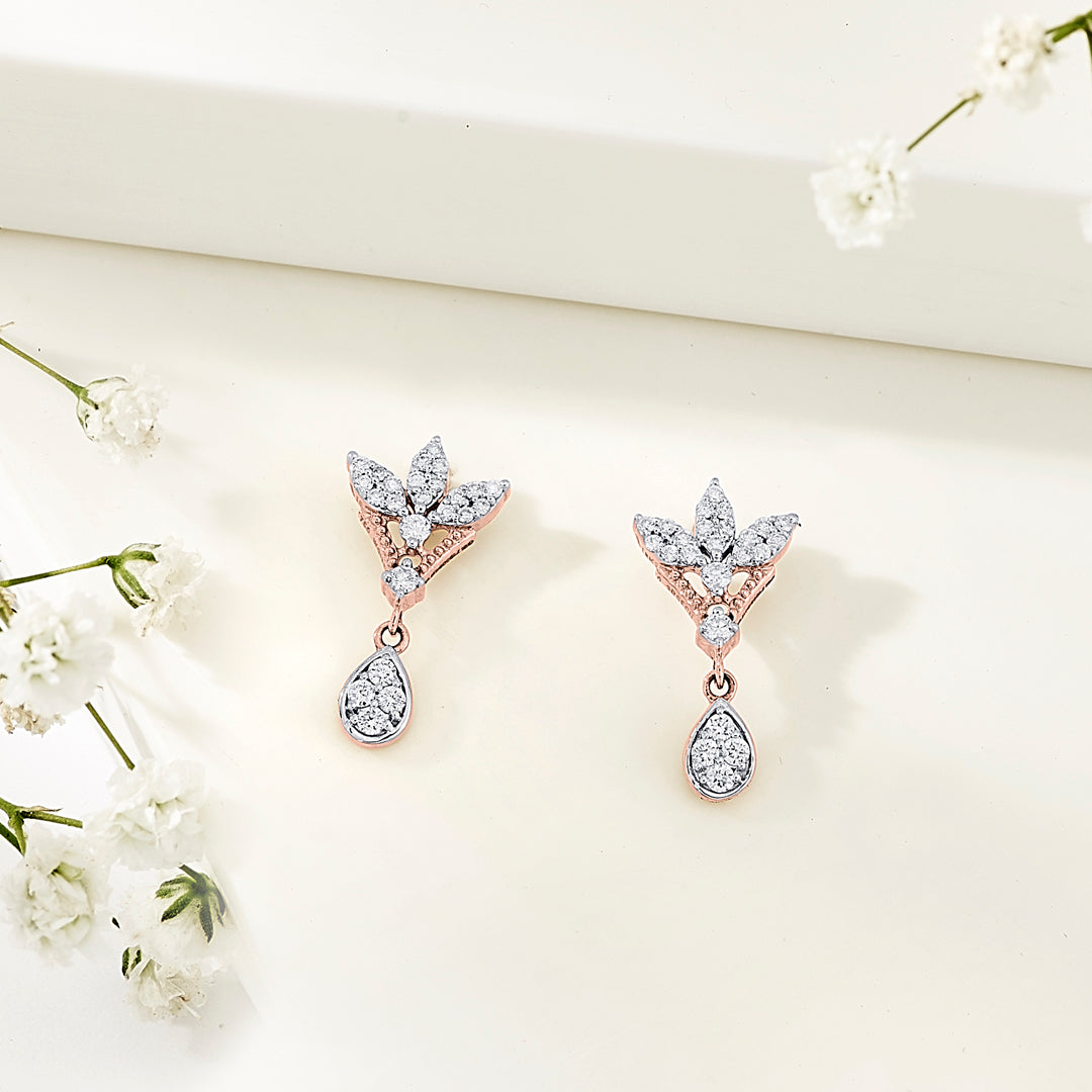Angelic Petal Rose Gold Dangler Diamond Earring For Women