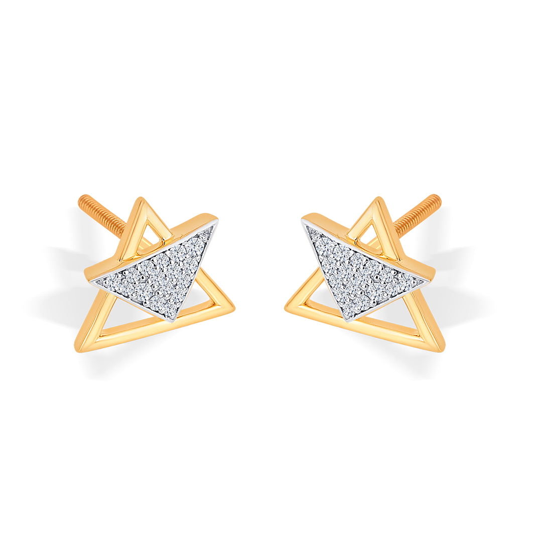 triangular yellow gold & diamond stud earring for women