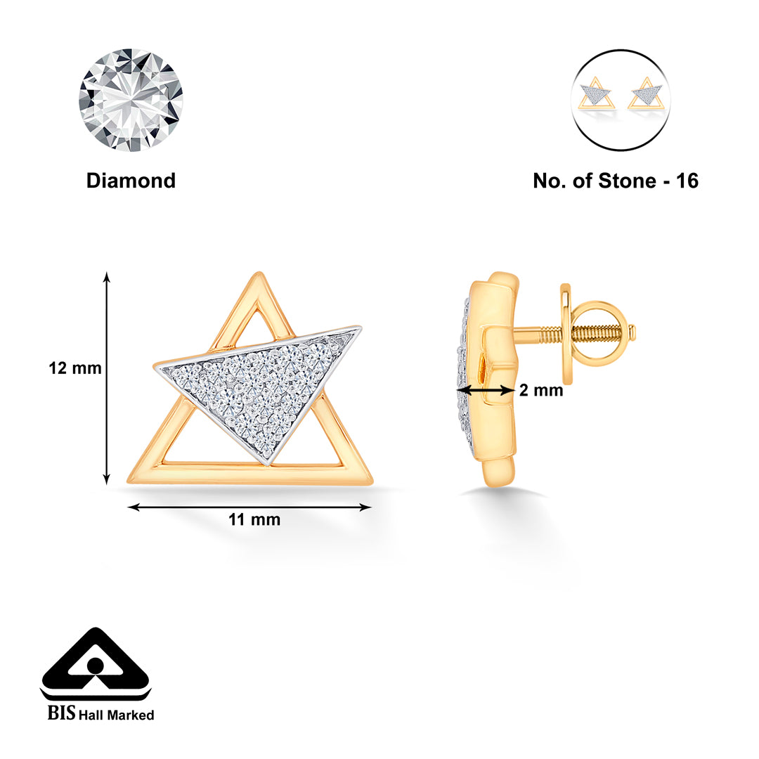 triangular yellow gold & diamond stud earring for women