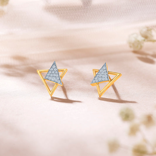 Triangular Yellow Gold & Diamond Stud Earring For Women