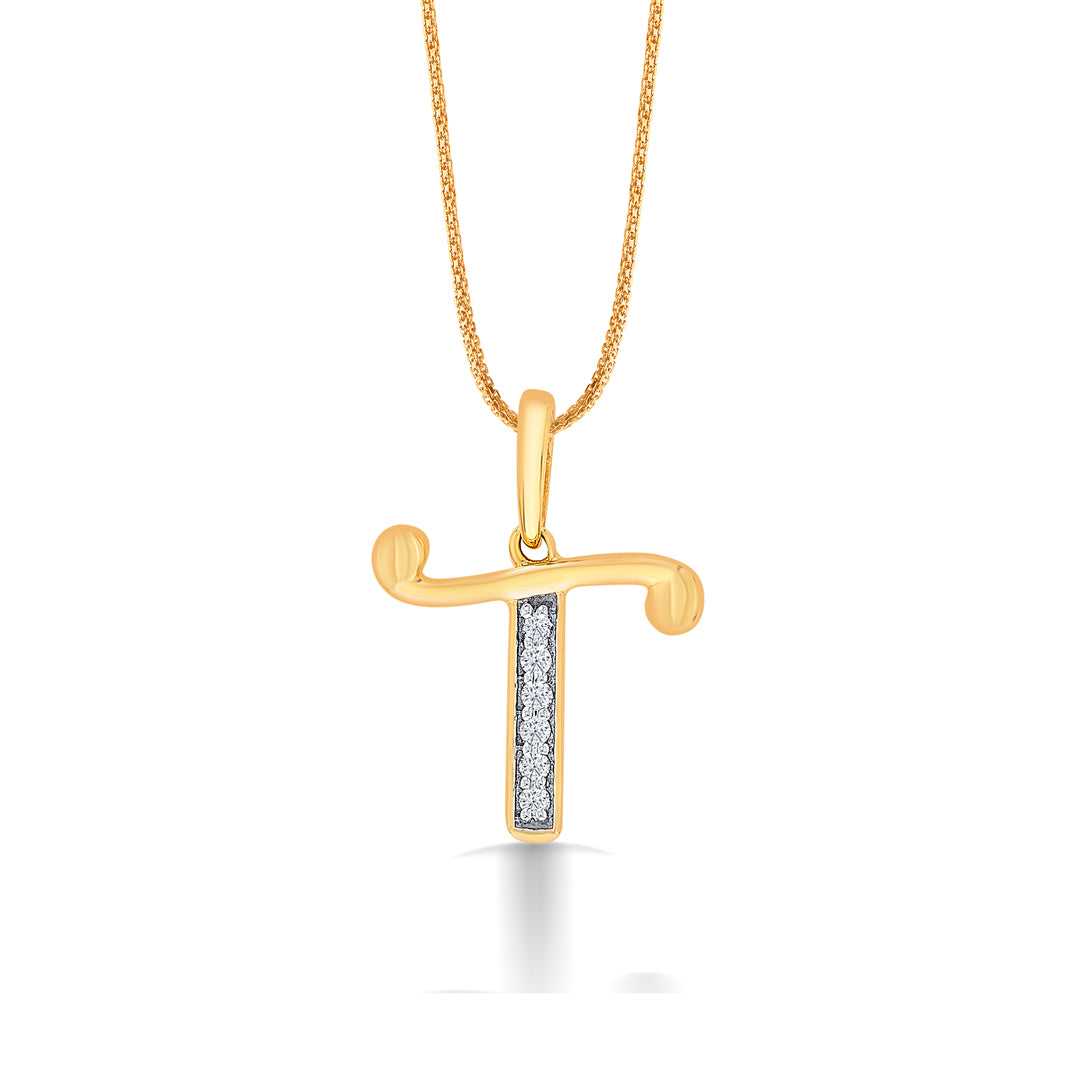 Letter T Yellow Gold & Diamond Casual Pendant