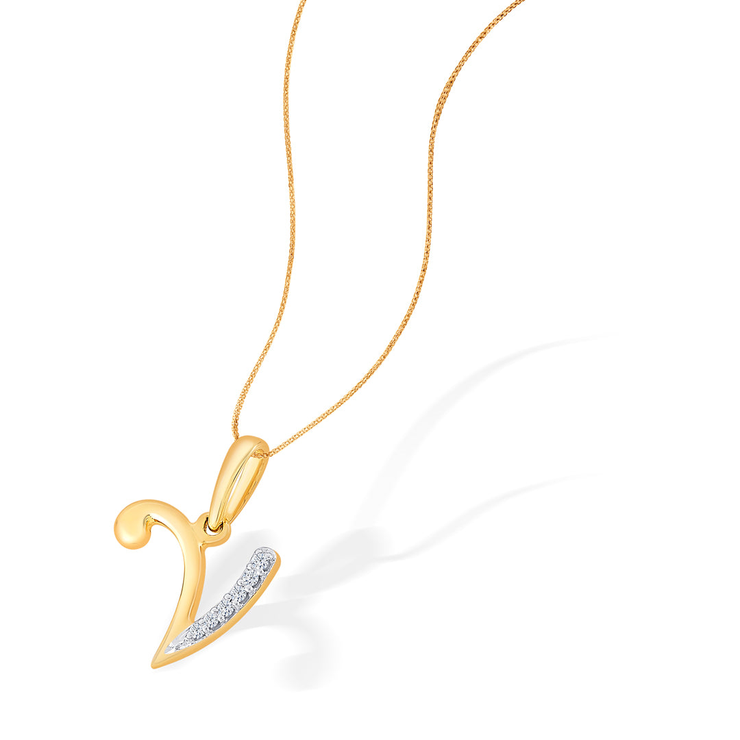 letter v yellow gold & diamond casual pendant