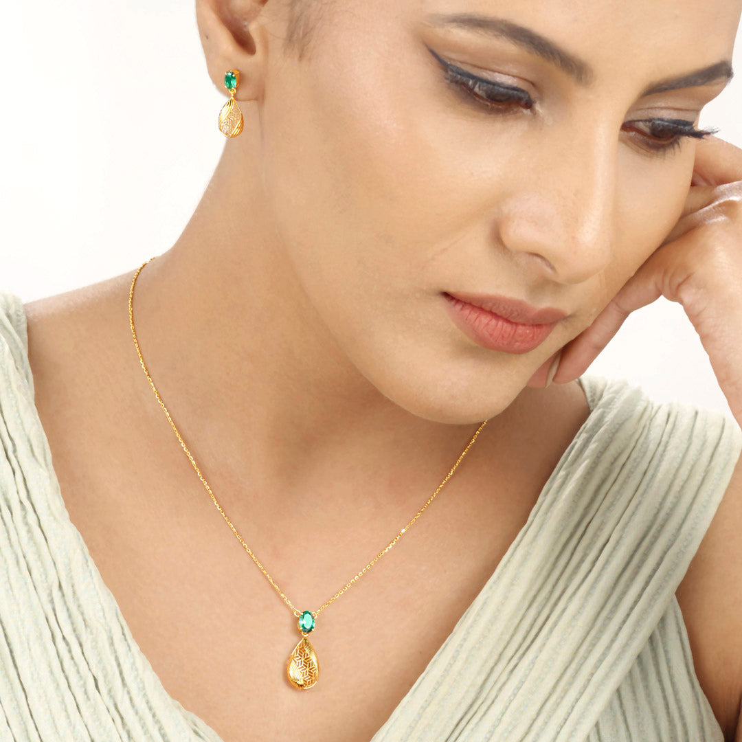 Teal Studded Drops Gold Necklace Set