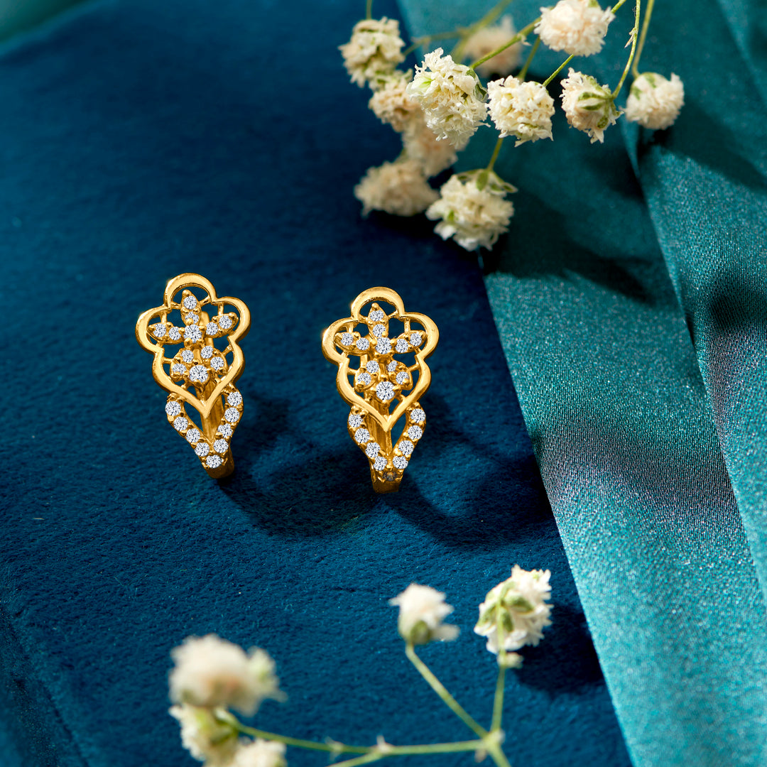 Floral Delight Yellow Gold Huggies Earring For Women