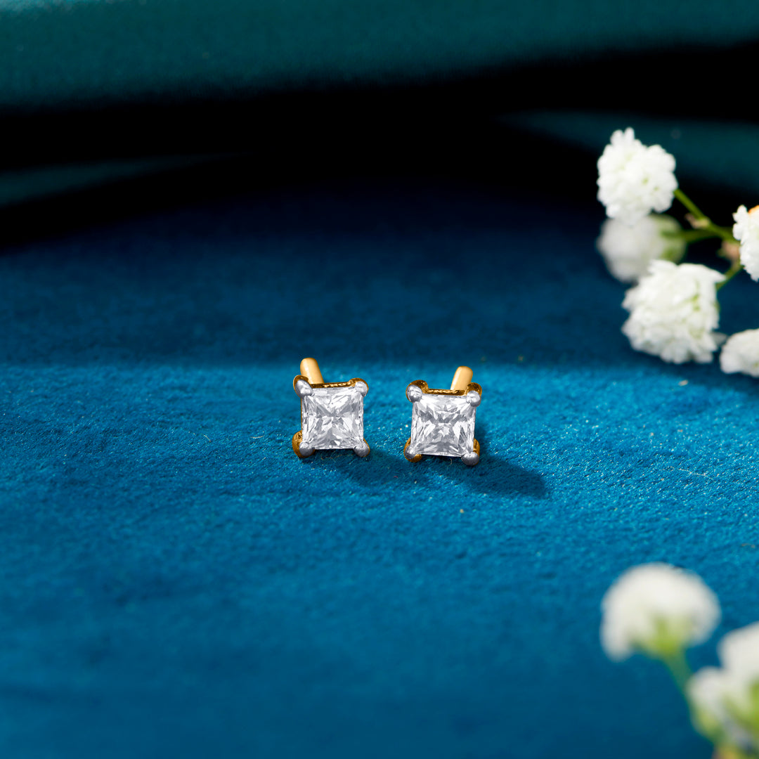 Square Charm Yellow Gold Stud Earring For Women