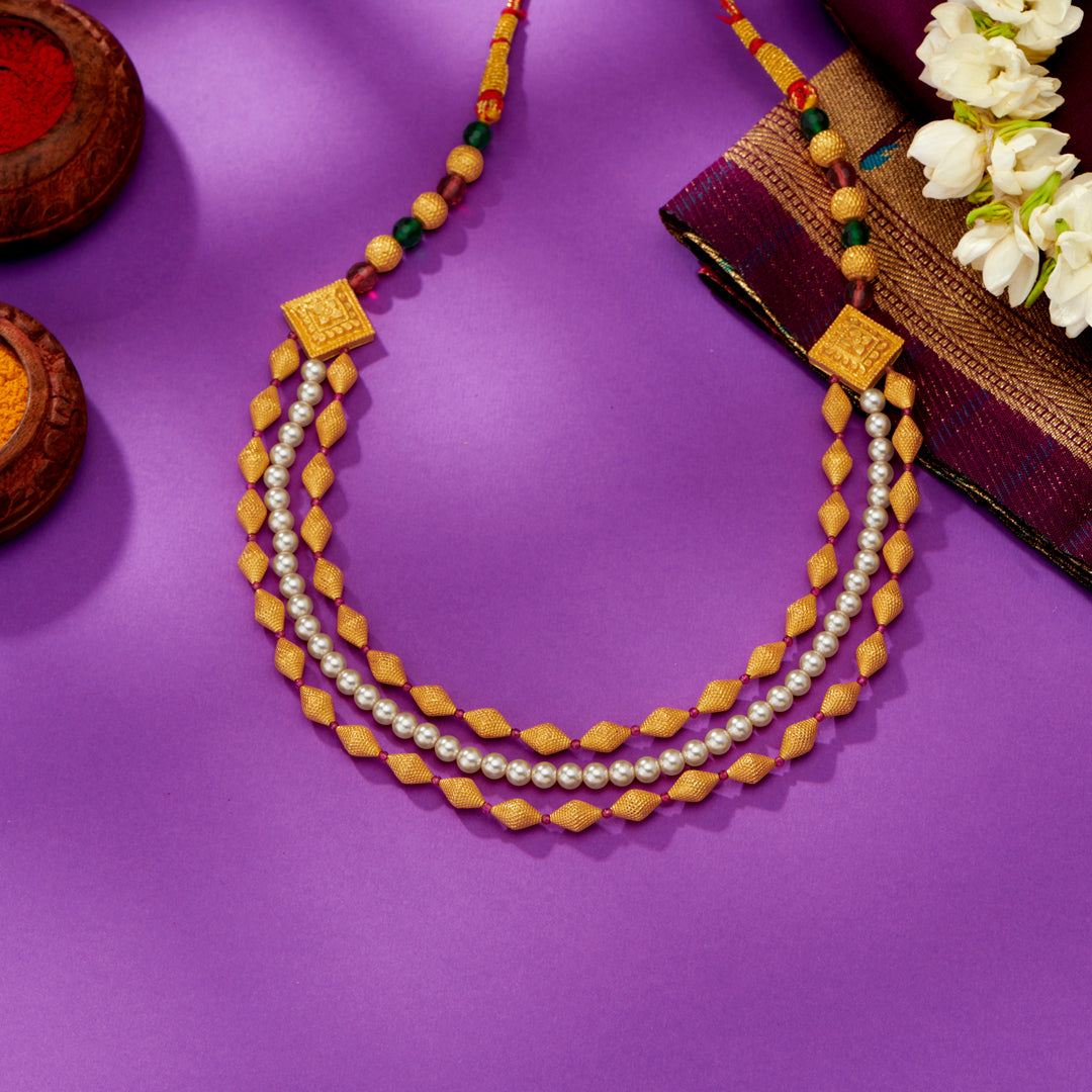 Triple Strand Yellow Gold Thushi Necklace For Women