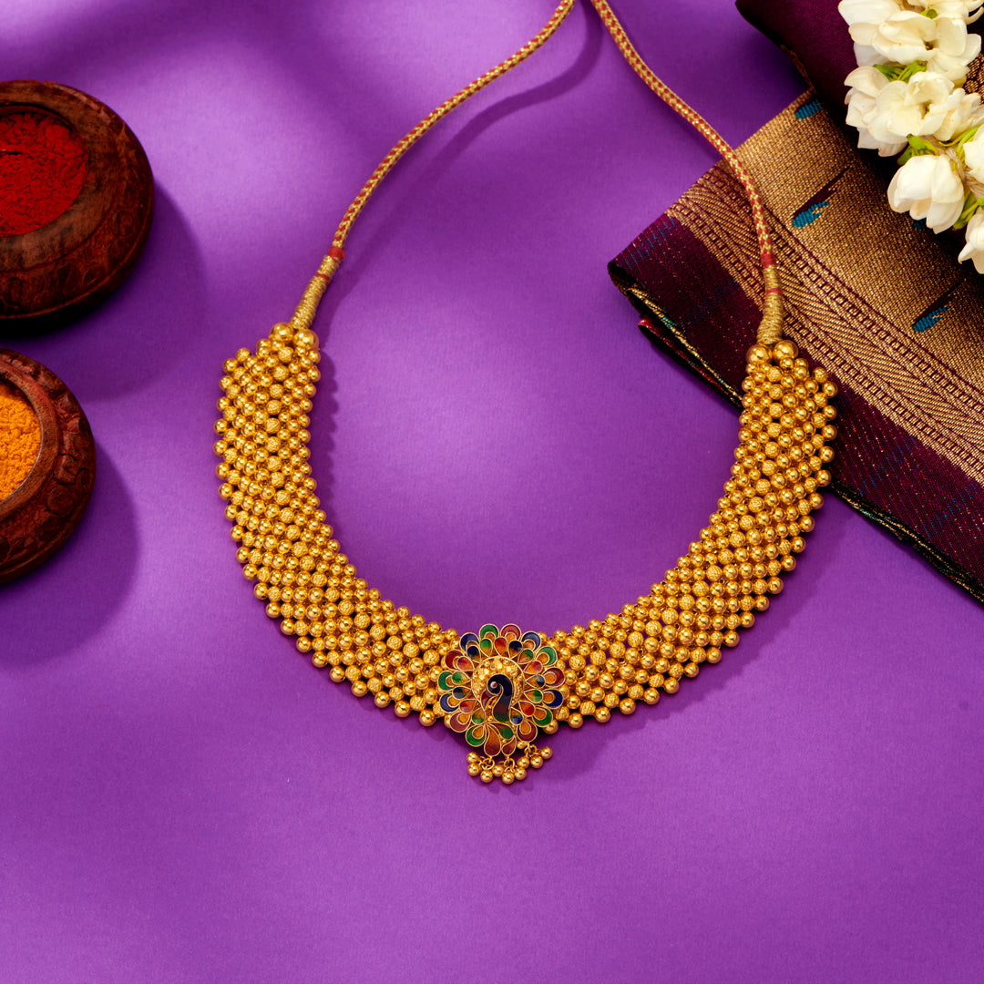 Peacock Plume Yellow Gold Thushi Necklace For Women