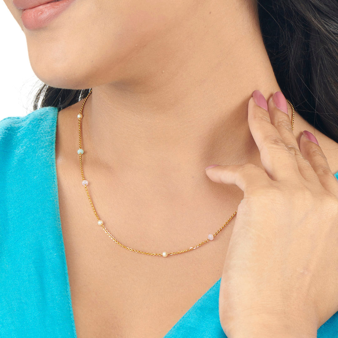 Beads & Pearls Chain Gold Necklace For Women