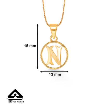 N Letter Yellow Gold Alphabet Unisex Pendant