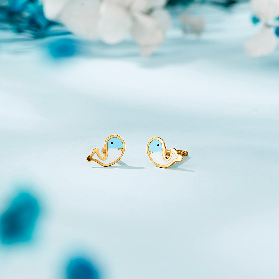 Deep Blue Whale Gold Stud Earring For Kids