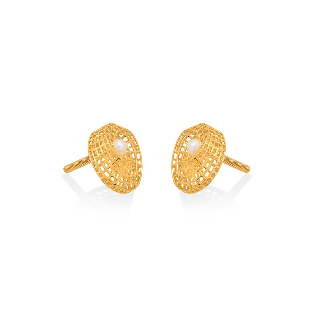 pearl lattice stud gold earring