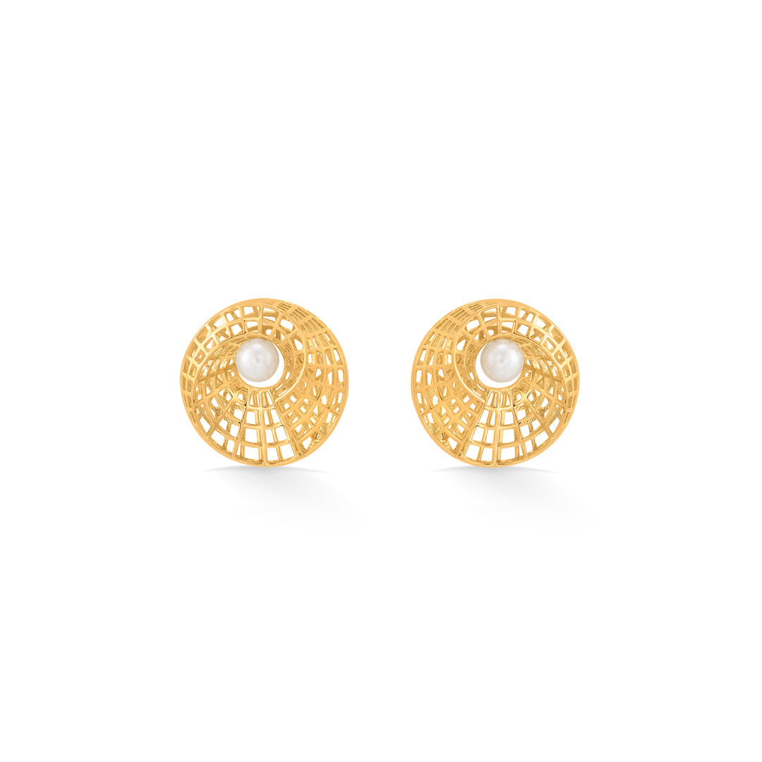 pearl lattice stud gold earring