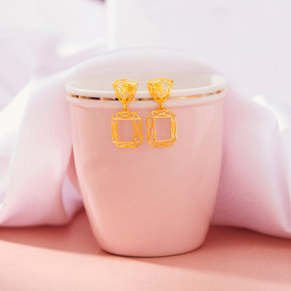 Lattice Rectangle Drops & Dangler Gold Earring