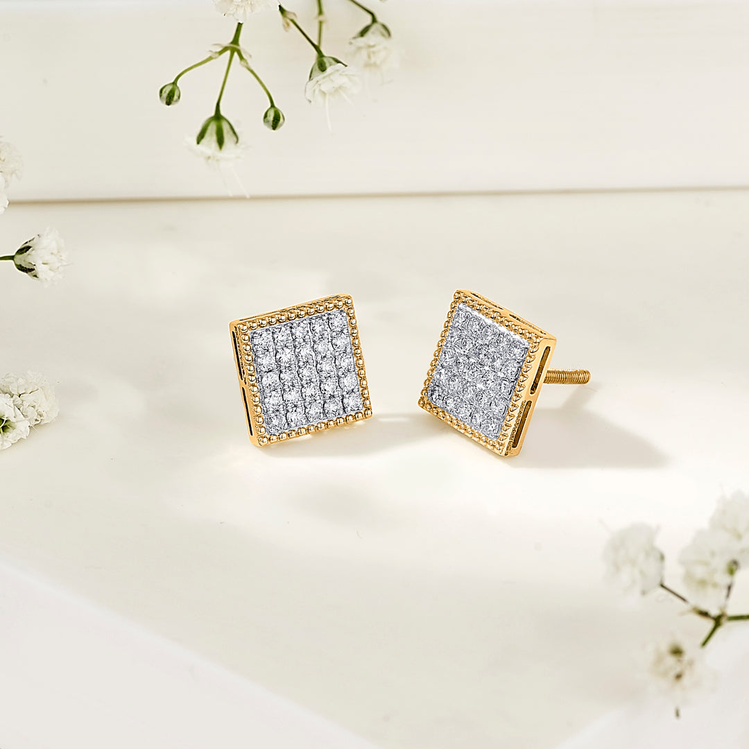Diamond Mosaic Yellow Gold Stud Earring for Women