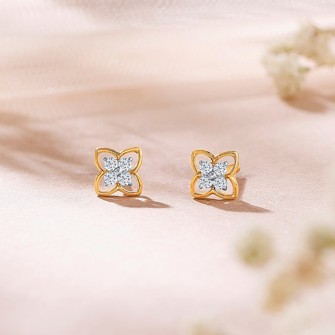 Tetra Yellow Gold & Diamond Stud Earring For Women