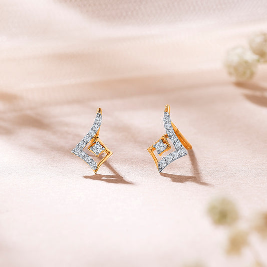 Cubic Yellow Gold & Diamond Stud Earring For Women