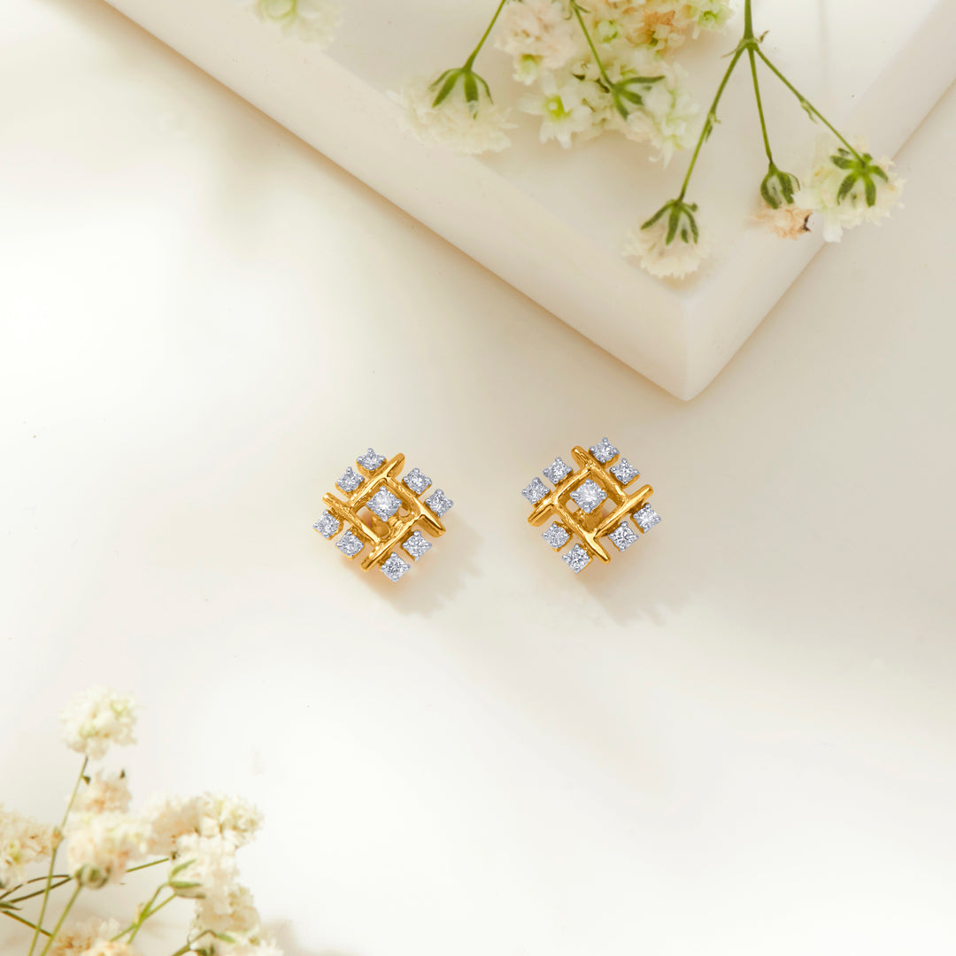 Quadrate Gold & Diamond Stud Earring For Women