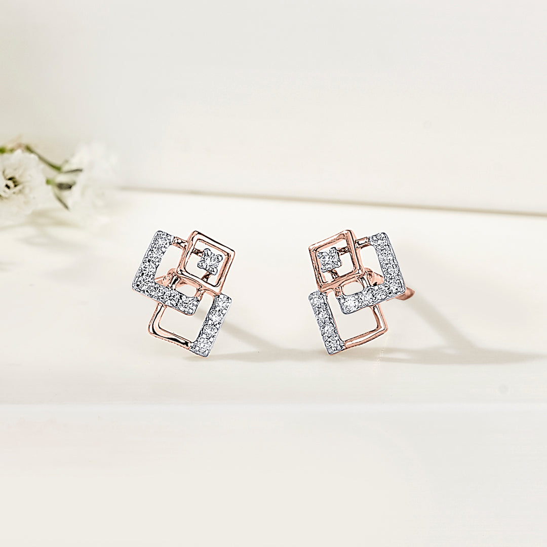 Twinkle Squares Gold Stud Diamond Earring for Women