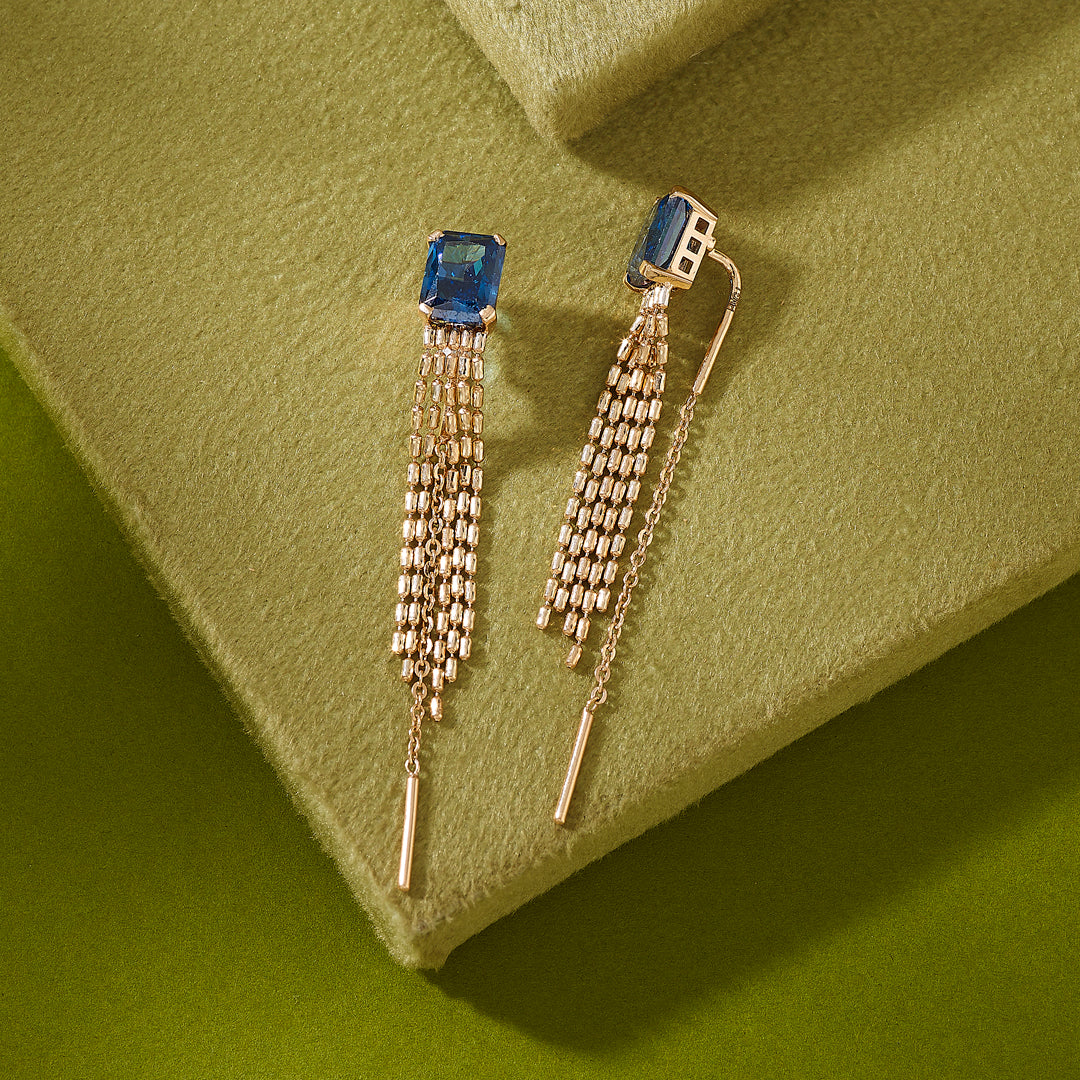 Blue Cascade Sui Dhaga Gold Earrings