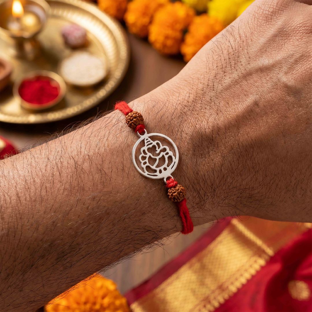 PNG Jewellers Silver Plated Ganesh Charm Rakhi for Men