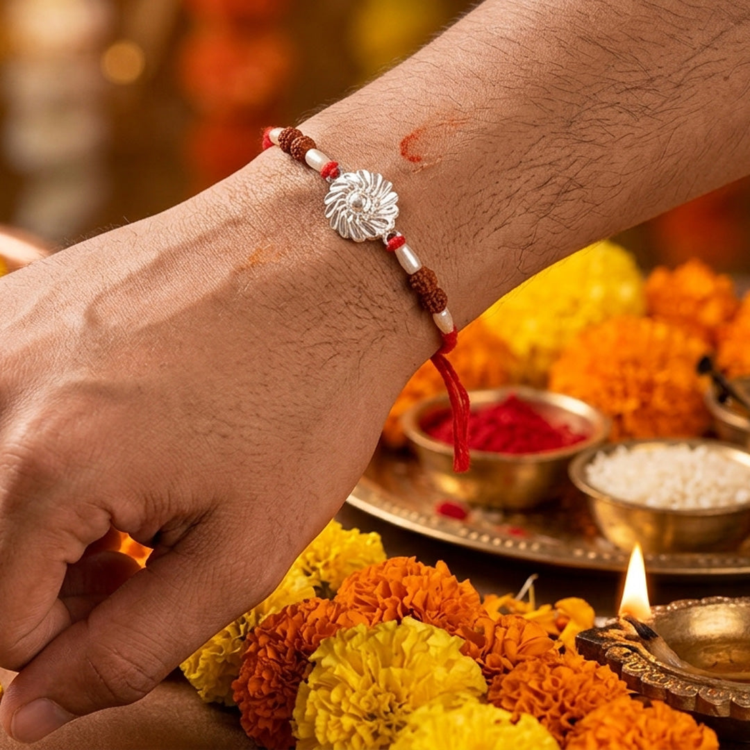 PNG Jewellers Blooming Shield Silver Rakhi For Men's