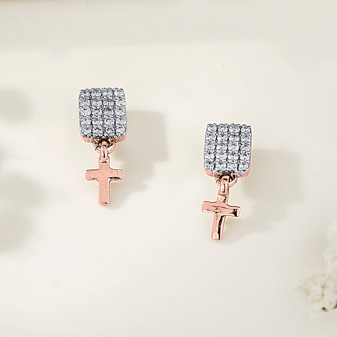 Divine Cross Gold & Diamond Stud Earring For Women