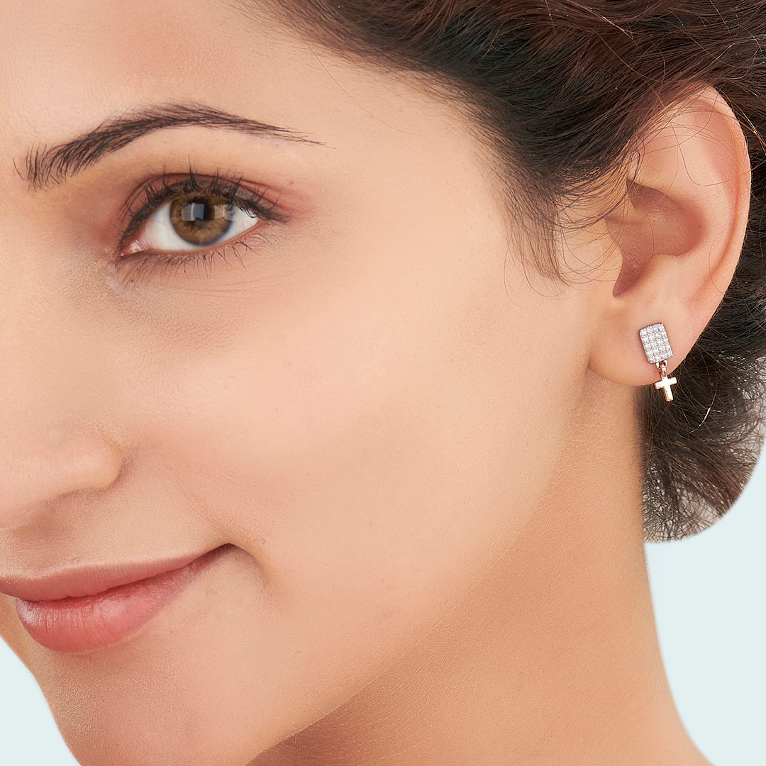Divine Cross Gold & Diamond Stud Earring For Women