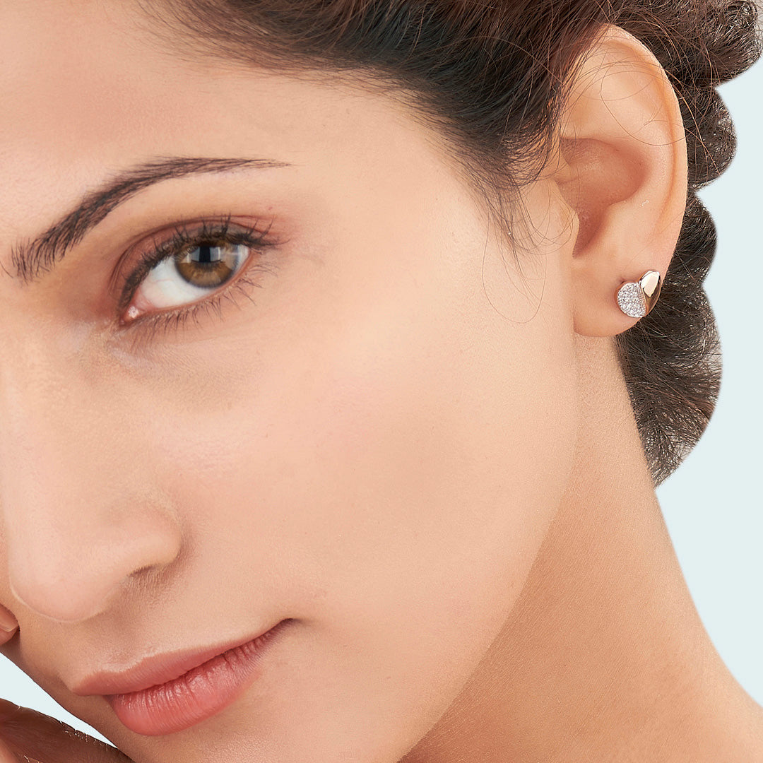 Half & Hearty Rose Gold Stud Diamond Earring For Women