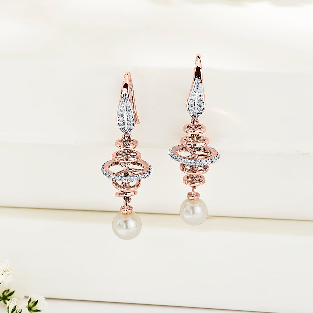Pearl Orbit Rose Gold Dangler Diamond Earring For Women