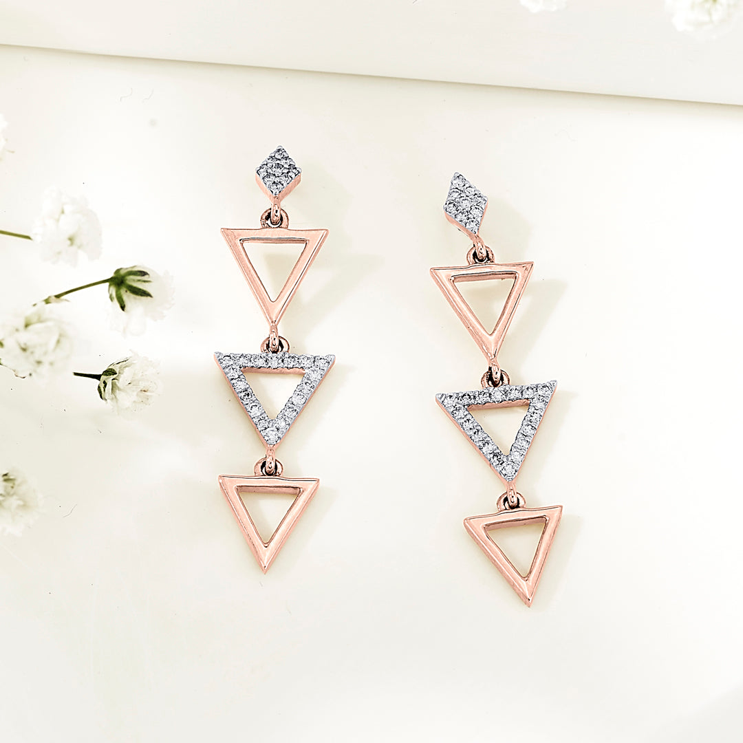 pyramid glint rose gold dangler diamond earring for woman