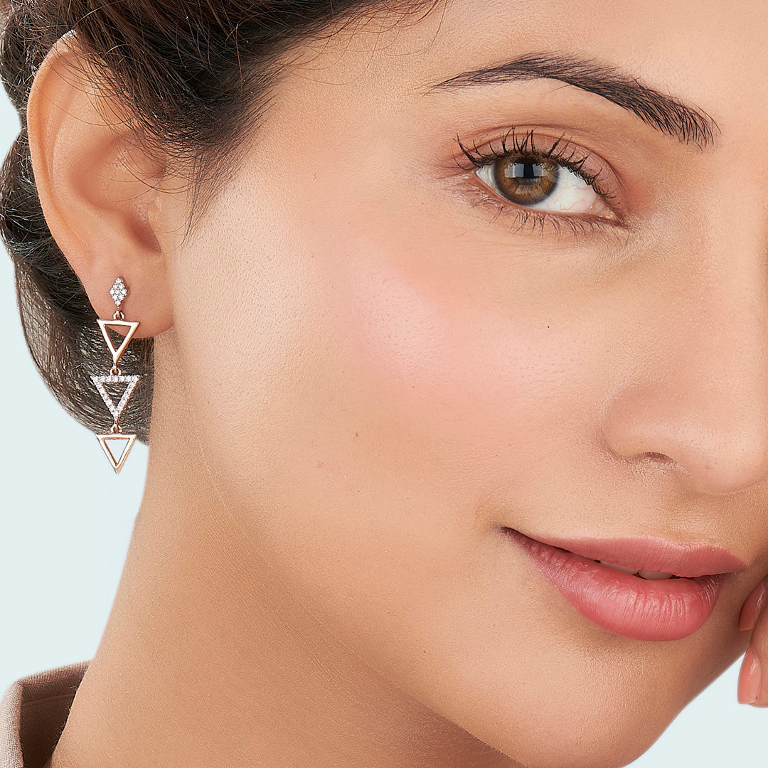 Pyramid Glint Rose Gold Dangler Diamond Earring For Women