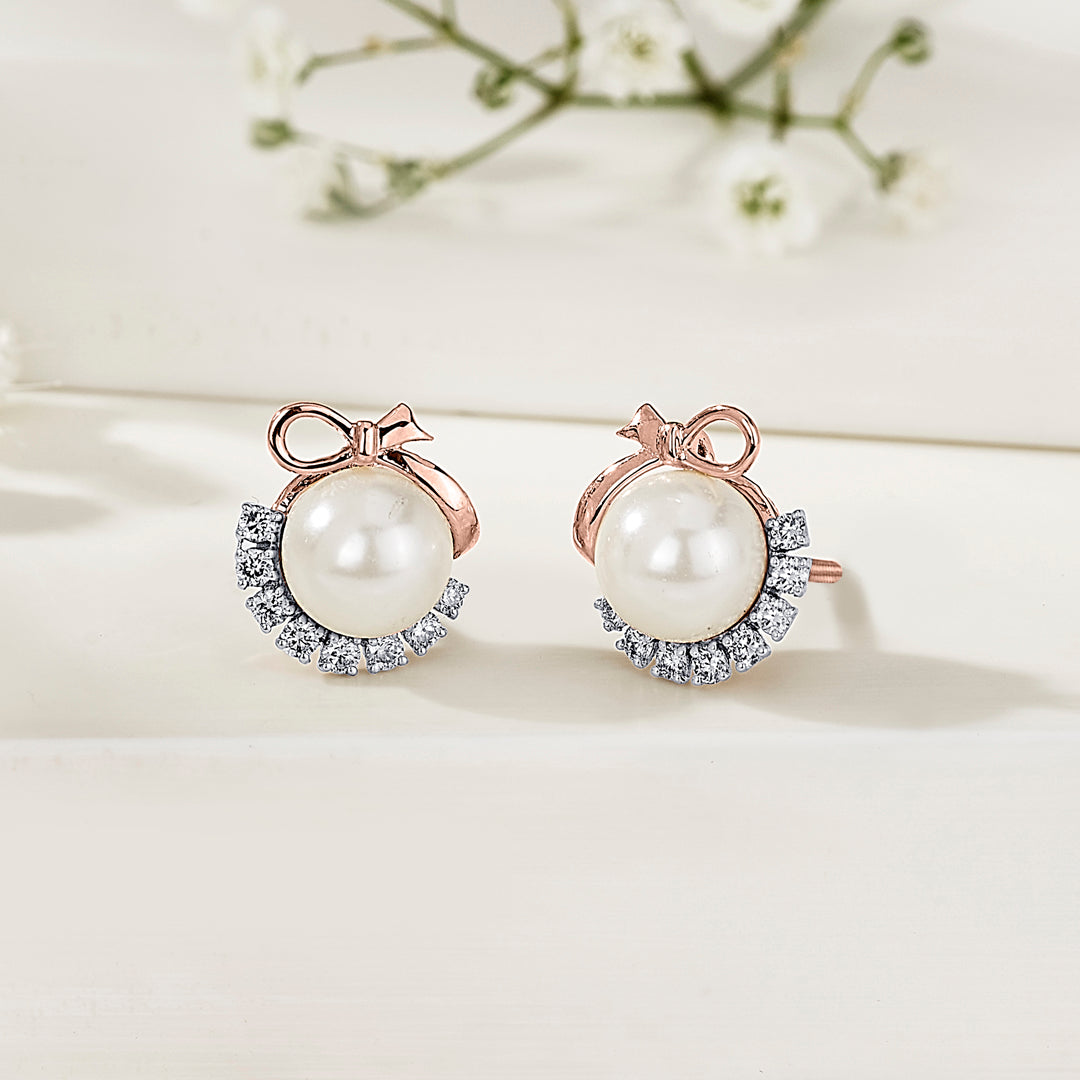 Snow Pearl Gold & Diamond Stud Earring For Women