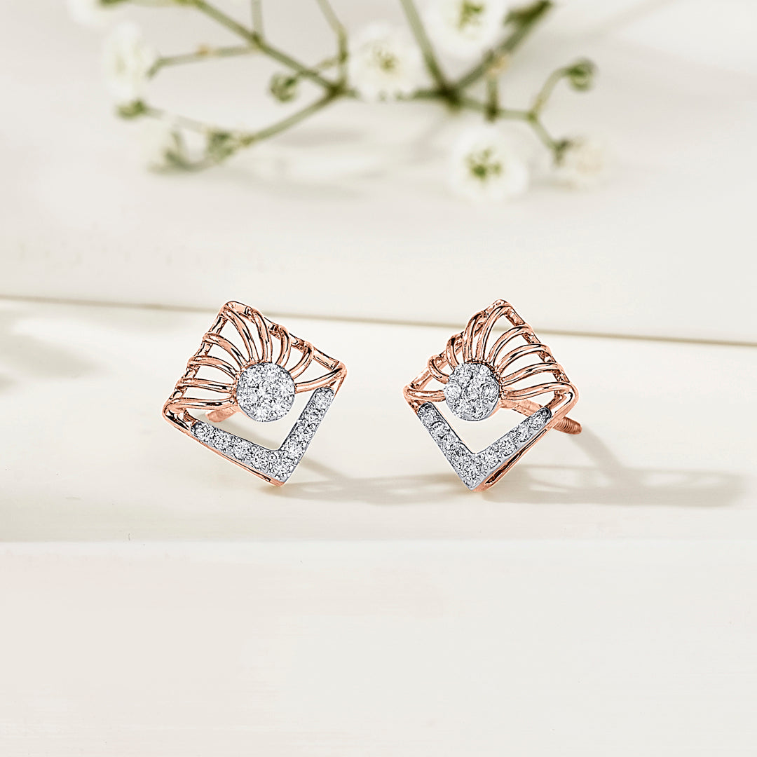 Gleaming Cube Gold & Diamond Stud Earring For Women