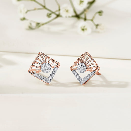 Gleaming Cube Gold & Diamond Stud Earring For Women