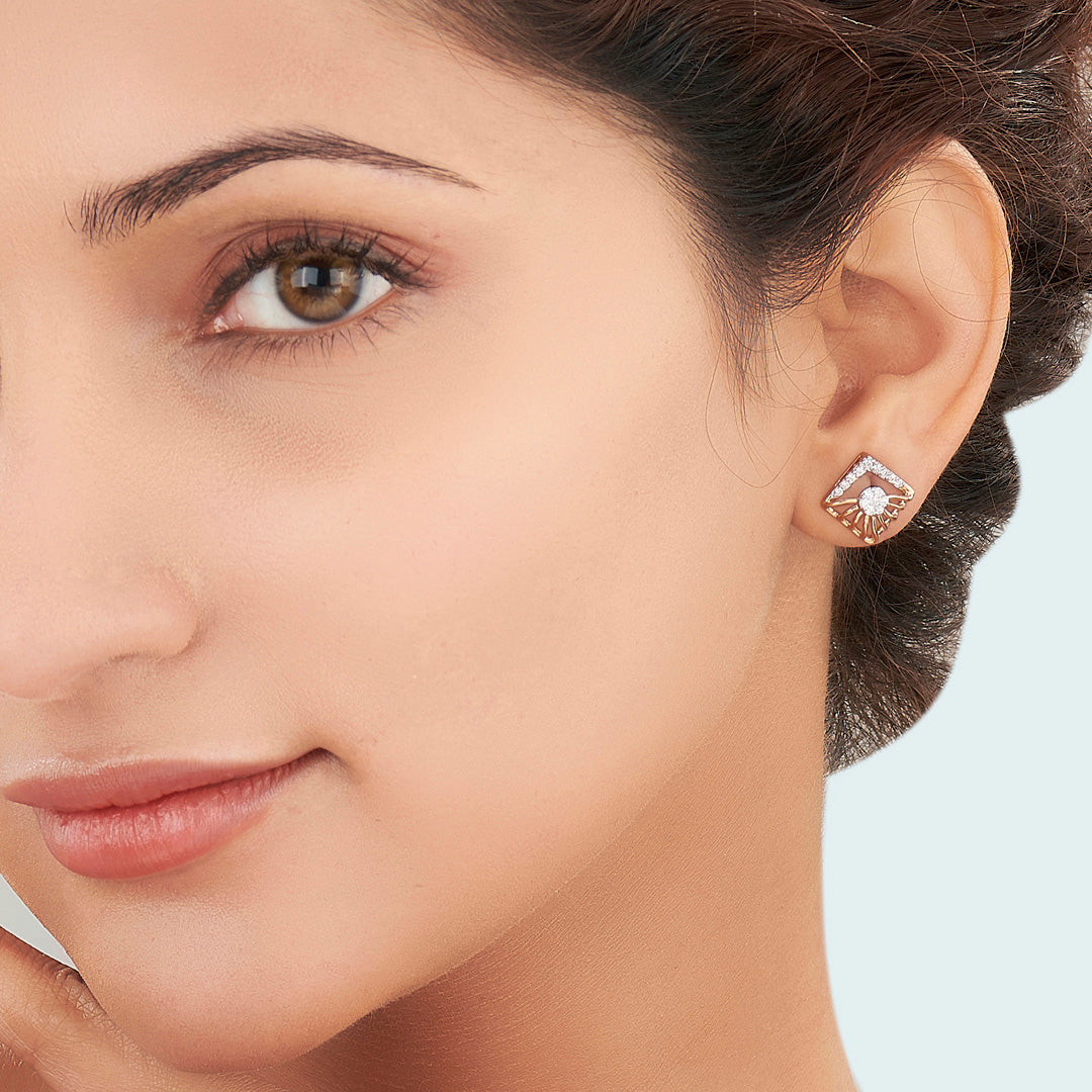 Gleaming Cube Gold & Diamond Stud Earring For Women