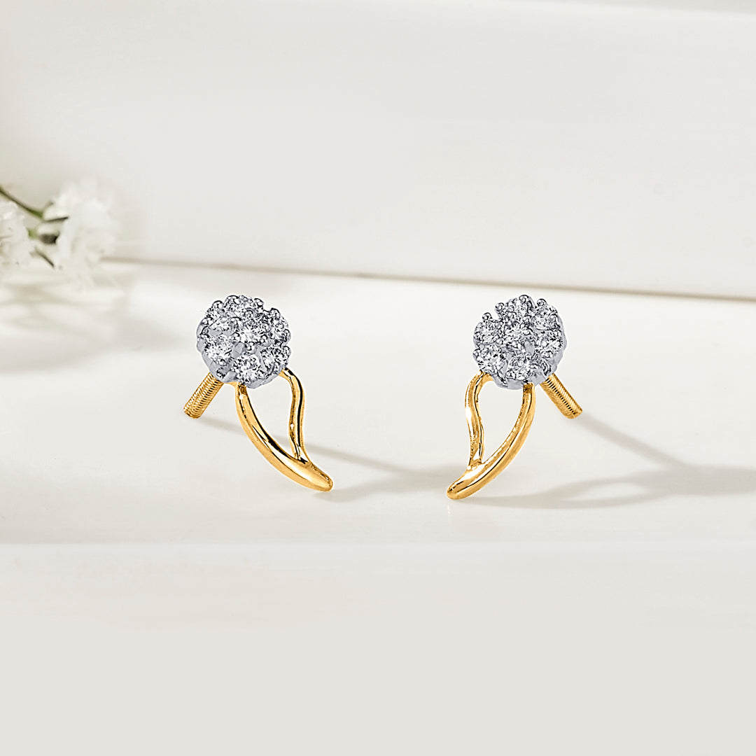 Floral Crest Gold & Diamond Stud Earring For Women