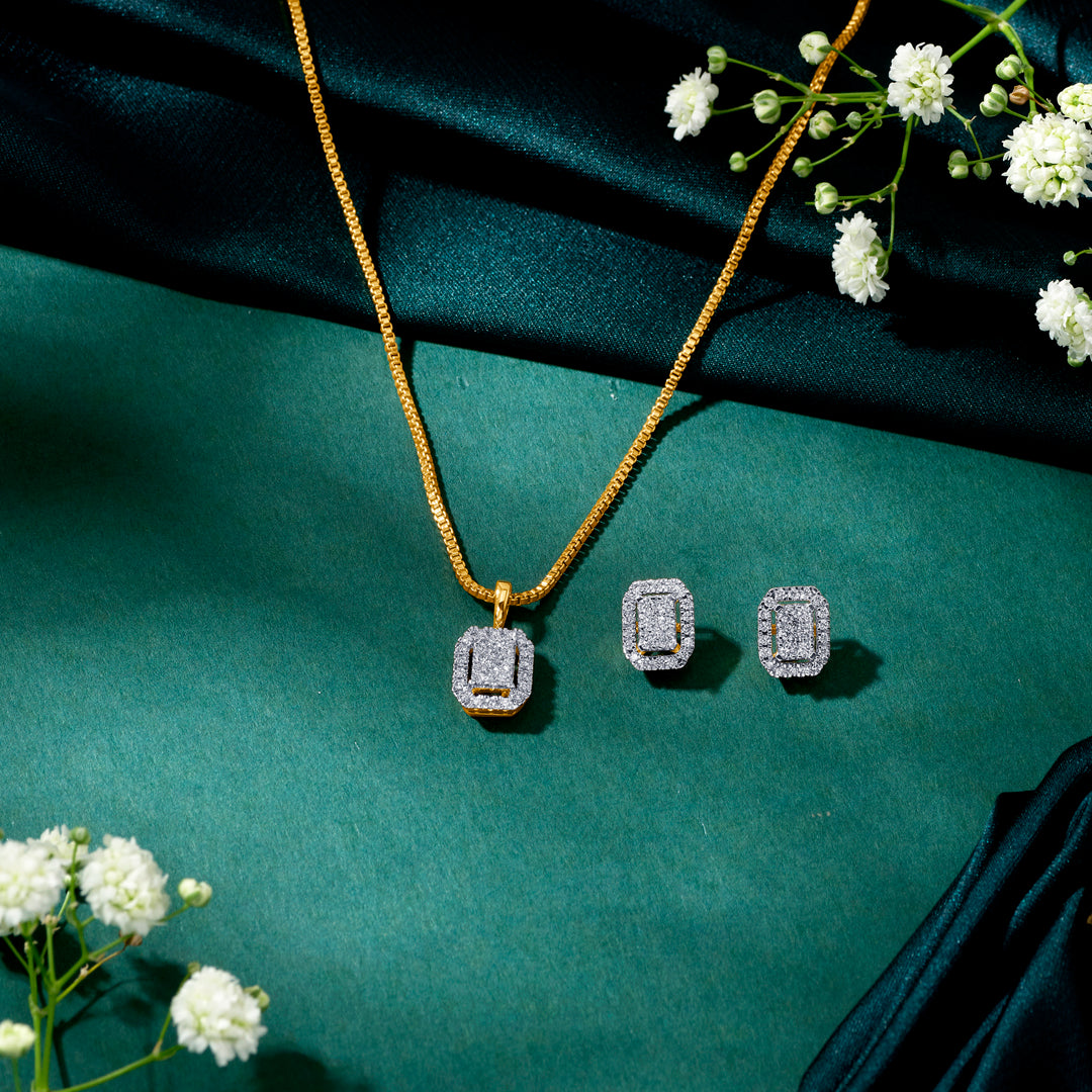 Regal Rhombus Gold & Diamond Pendant Set For Women