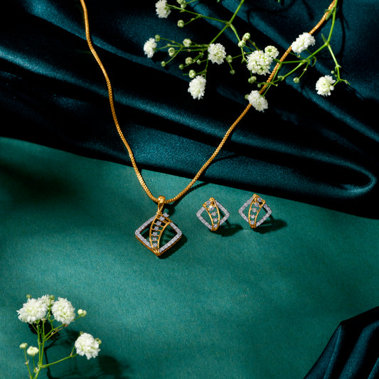 Shimmer Grid Gold & Diamond Pendant Set For Women