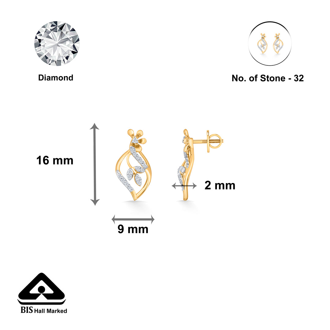 blossom vine yellow gold stud diamond earring for woman