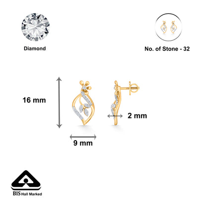 Blossom Vine Yellow Gold Stud Diamond Earring For Woman