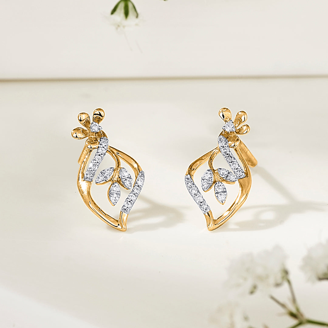 Blossom Vine Yellow Gold Stud Diamond Earring For Women