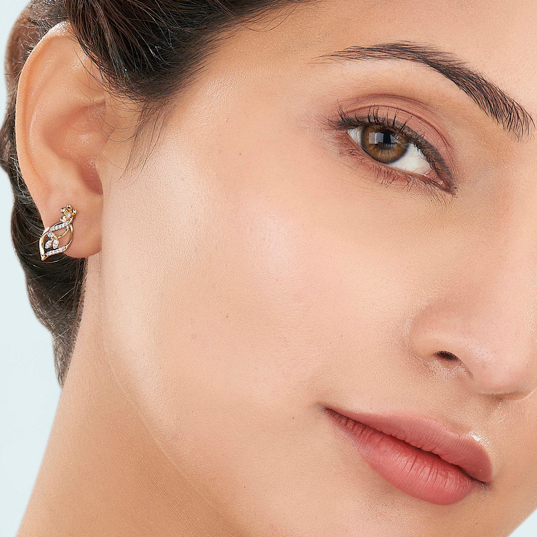 Blossom Vine Yellow Gold Stud Diamond Earring For Women