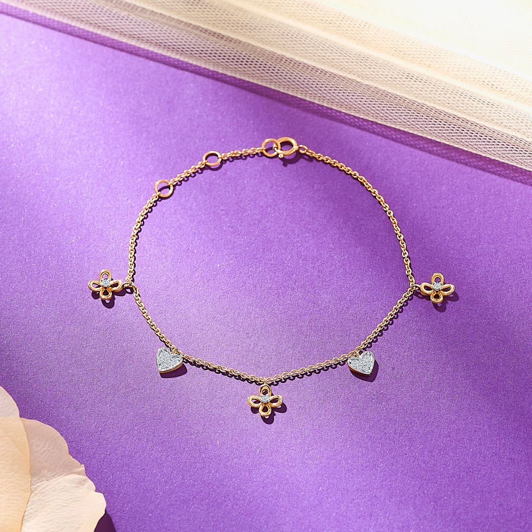 Heart Yellow Gold & Diamond Charm Ladies Bracelet