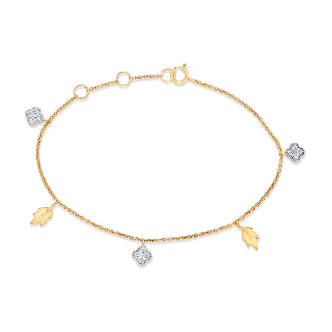 Leaf Yellow Gold & Diamond Charm Ladies Bracelet