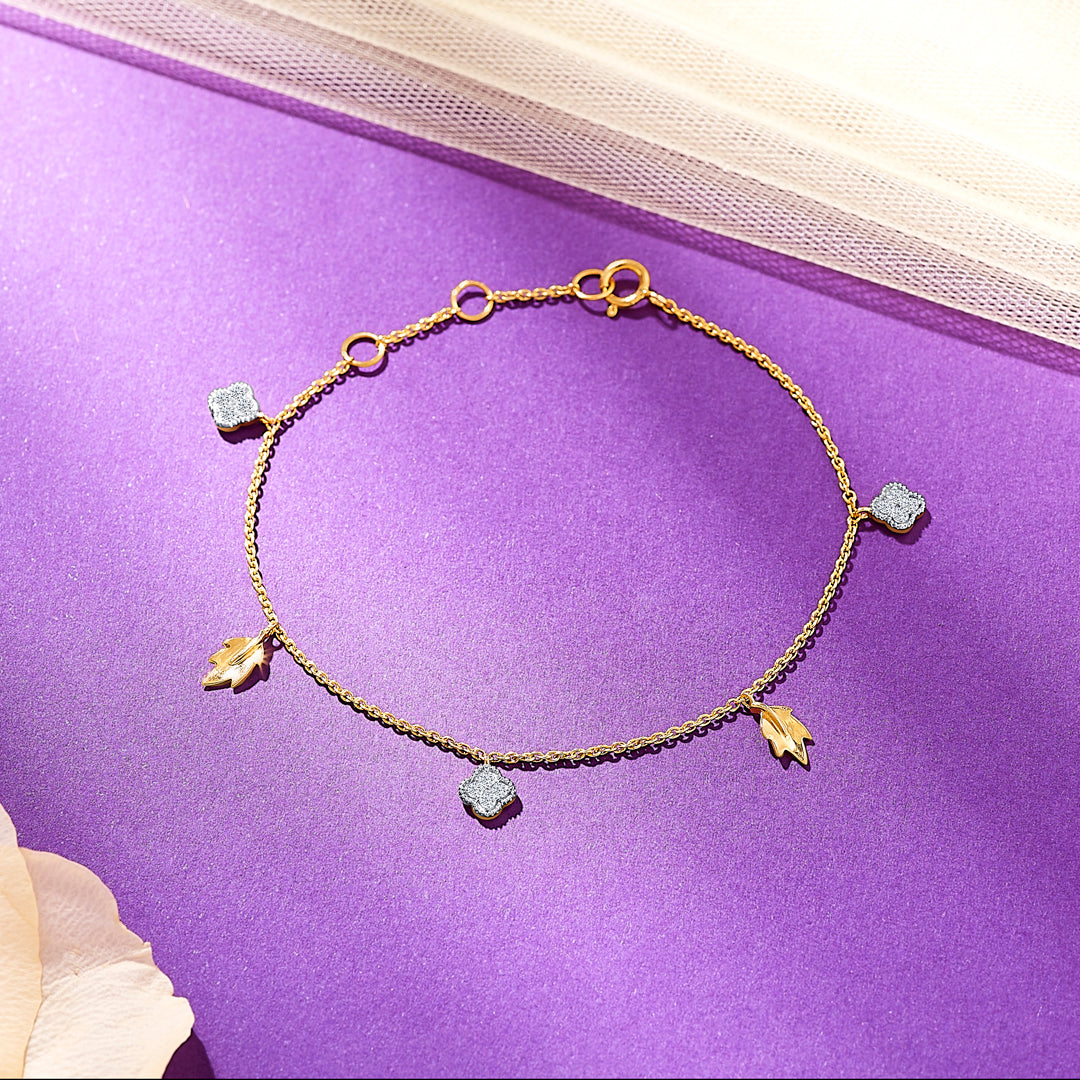 Leaf Yellow Gold & Diamond Charm Ladies Bracelet