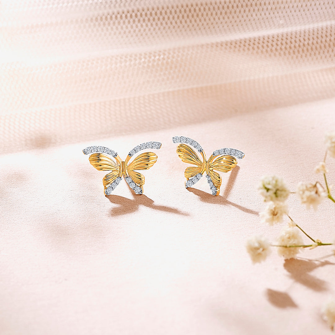 Butterfly Yellow Gold & Diamond Stud Earring For Women