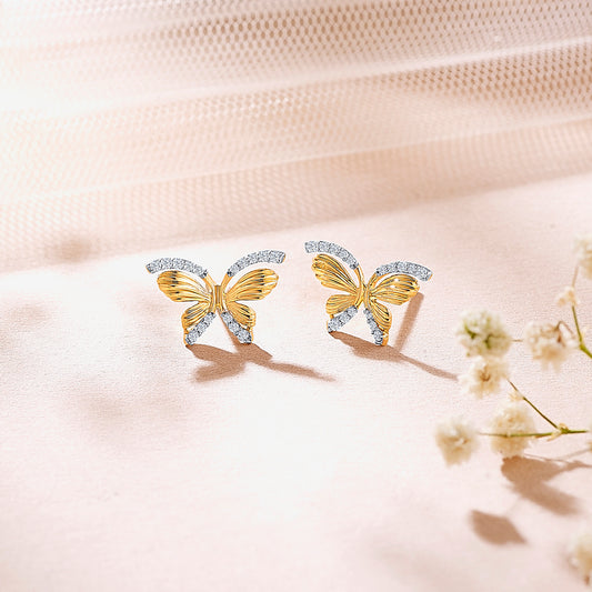 Butterfly Yellow Gold & Diamond Stud Earring For Women